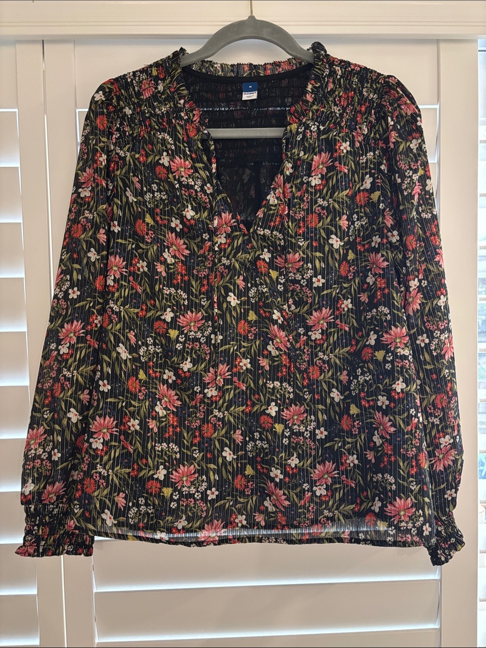 Old Navy Black Floral Smocked Yoke Blouse with Pink Flowers